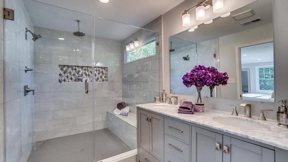 Primary bathroom with large shower and double vanity