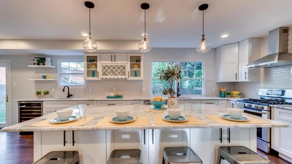 Large kitchen island with bar stools